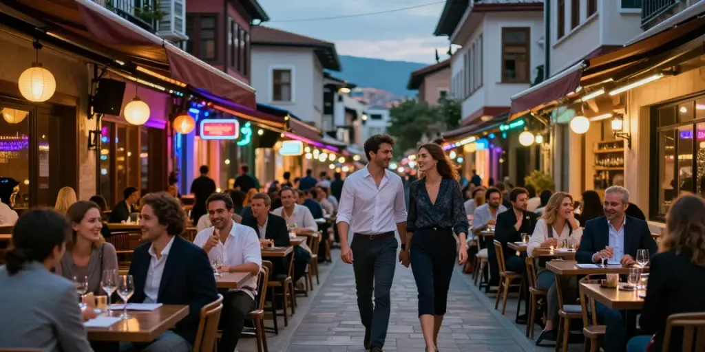 Dynamic nightlife in Karşıyaka showcasing stylish bars and lively conversations.