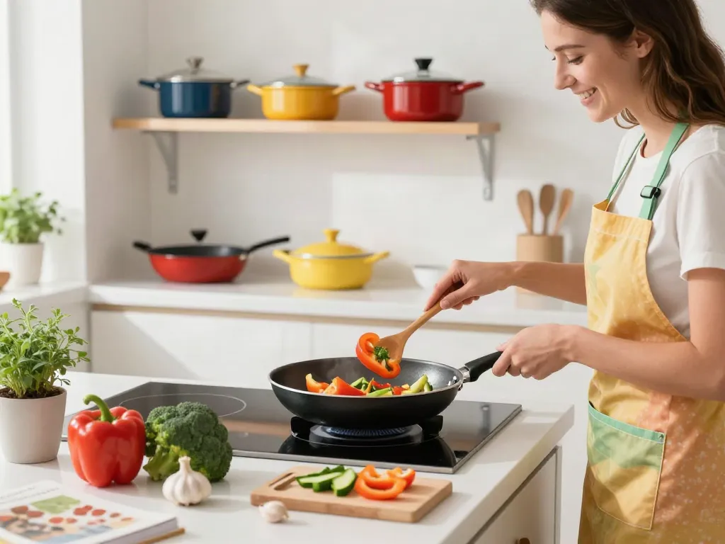 Non-Stick Cookware price in bangladesh showcased in a bright kitchen with a cook sautéing vegetables.