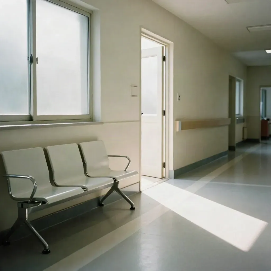 Heller Krankenhausflur mit offener Tür, Weißmarkierung am Boden und Wartebank.