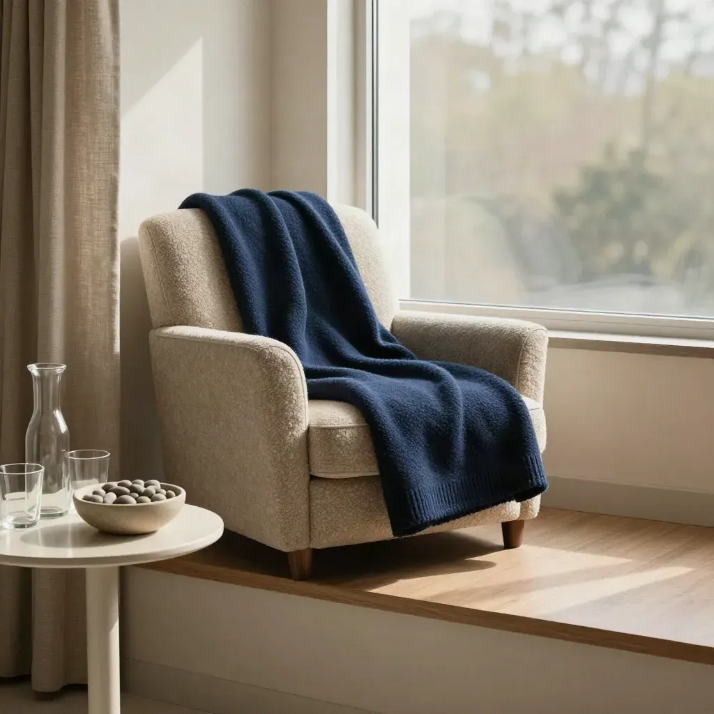 Stille Beratungsnische mit Bouclé-Sessel, Decke, Steinschale und hellem Beistelltisch.