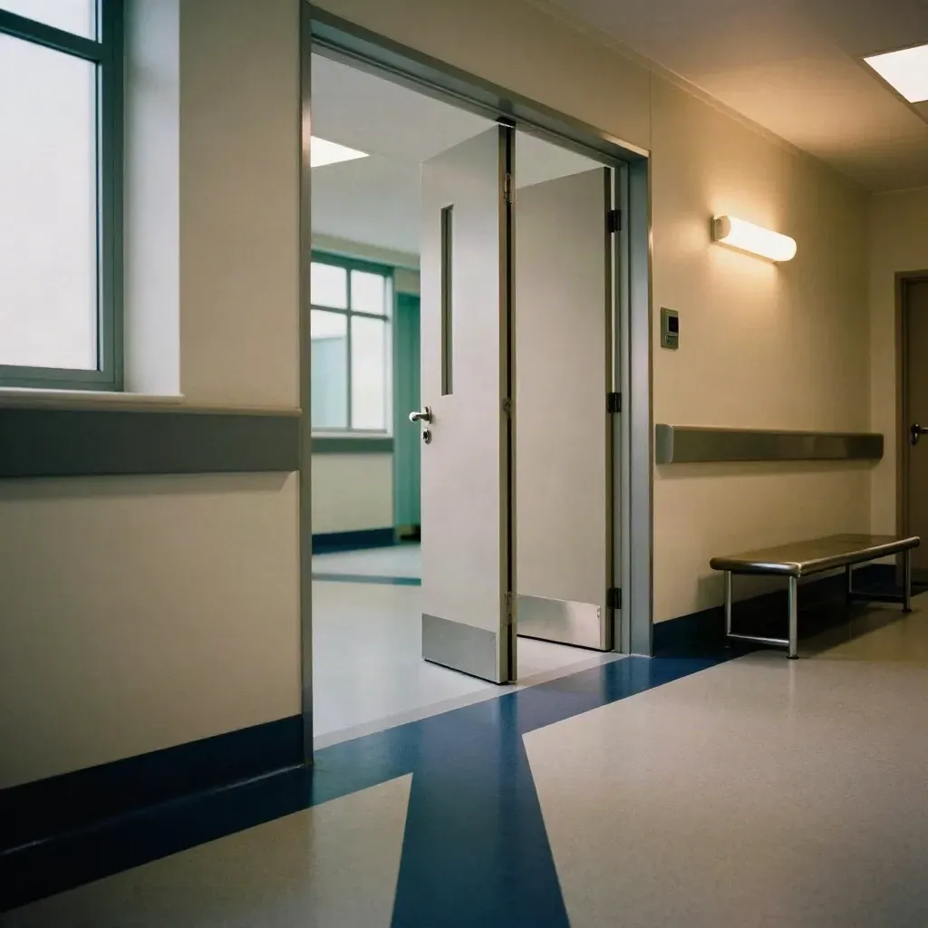 Leerer Krankenhausflur mit offenen Türen, Bodenmarkierung und Bank im kühlen Licht.