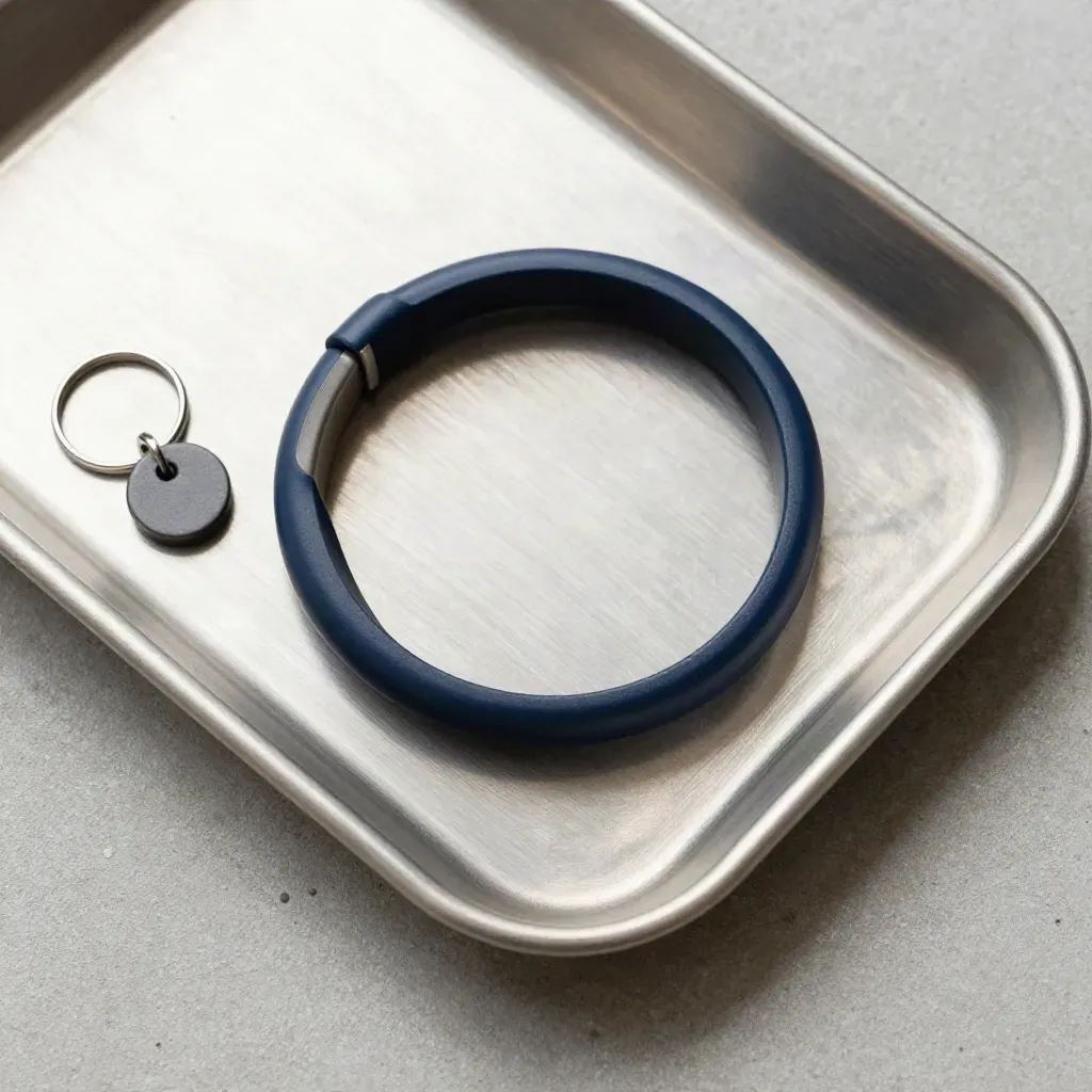 Navyfarbener Erinnerungsring und Ersatz-Token auf Metallschale im ruhigen Check-in-Stillleben.