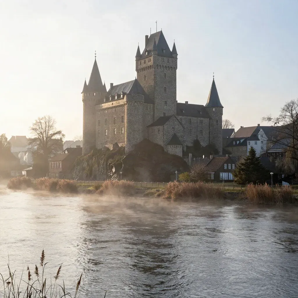 Giebichenstein über der Saale im Morgennebel bei Halle