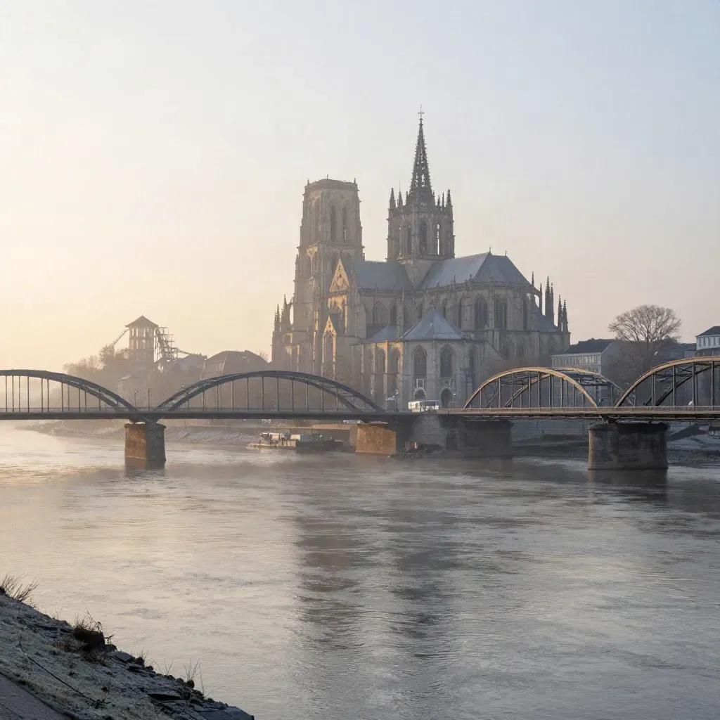 Magdeburger Dom über der Elbe im Sonnenaufgang mit Brücken und Nebel