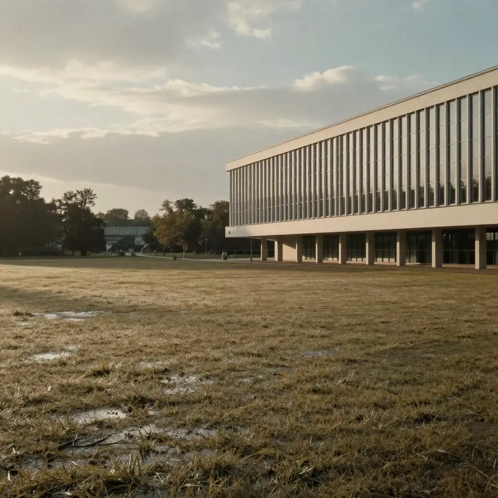 Bauhaus-Bau in Dessau über nassem Park, dichter Dunst, ruhige Wiese im Vordergrund.