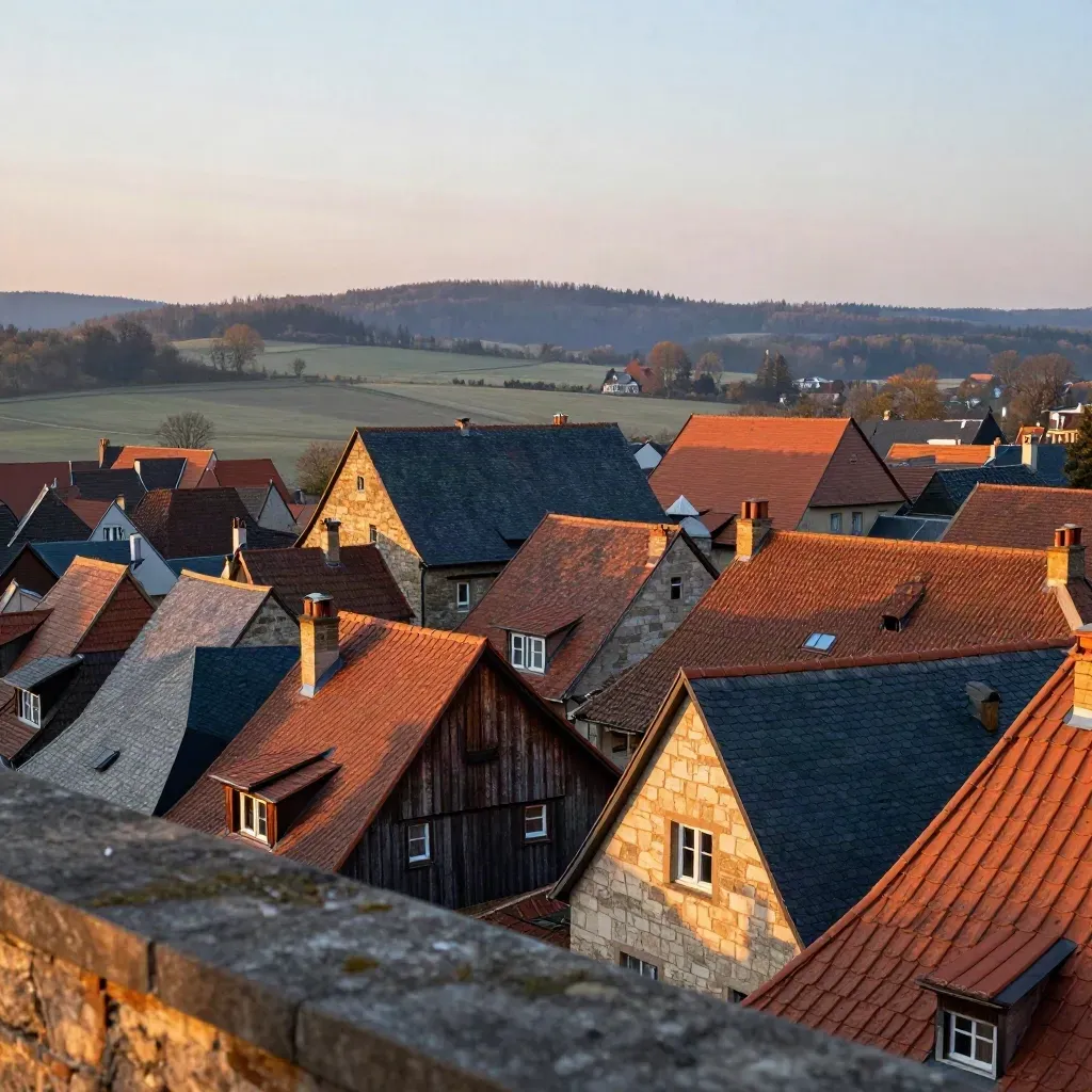 Quedlinburg-Dächer und Harz-Horizont im warmen Abenddunst.