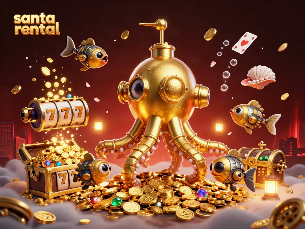 Experience the thrill with santa rental as the kraken submarine surfaces among golden coins and slot reels.