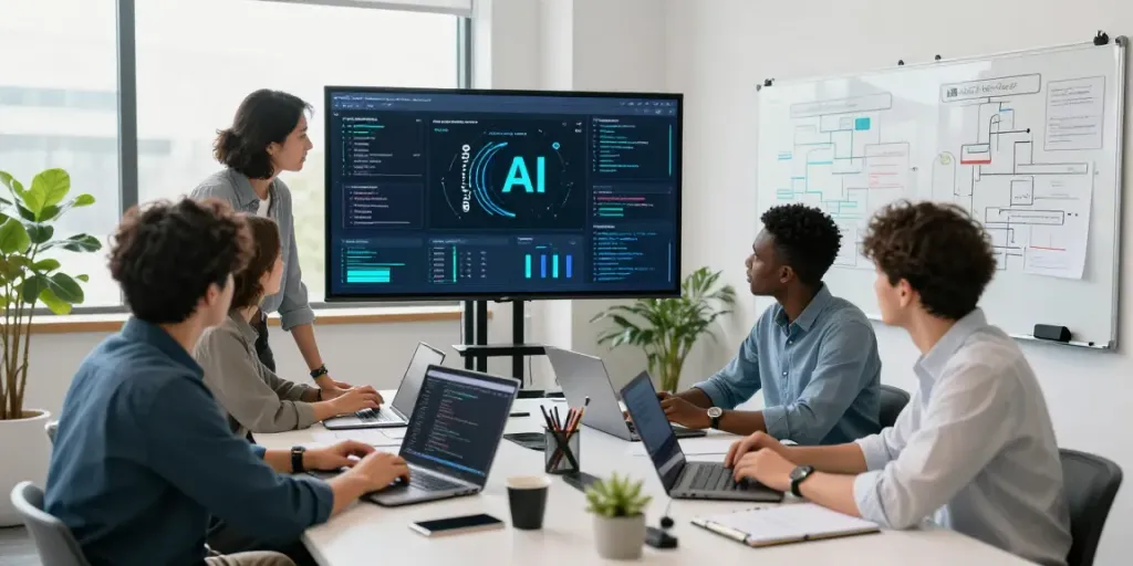 Team discussing Enterprise AI strategies in a modern office.